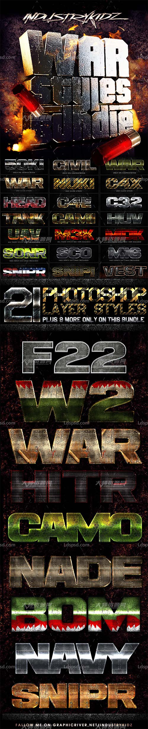 War Photoshop Layer Styles Bundle,PS图层样式－战争专用效果(3套合集)